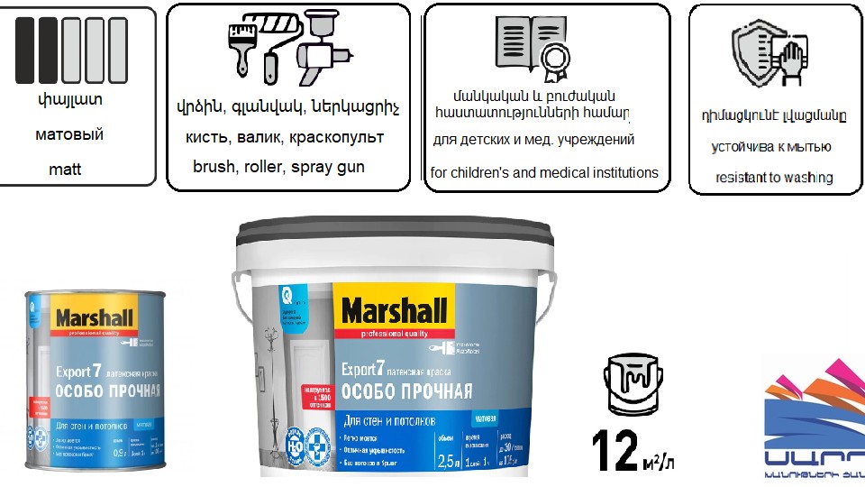 Ներկ պատերիի և առաստաղների համար լատեքսային Marshall Export -7 փայլատ բազա-BW 0,9 լ