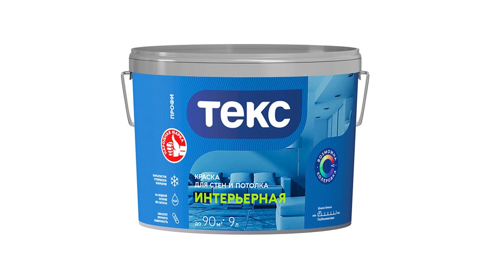 Water-dispersion paint for walls and ceilings Текс Профи Интерьерная extra-matt white 9 l