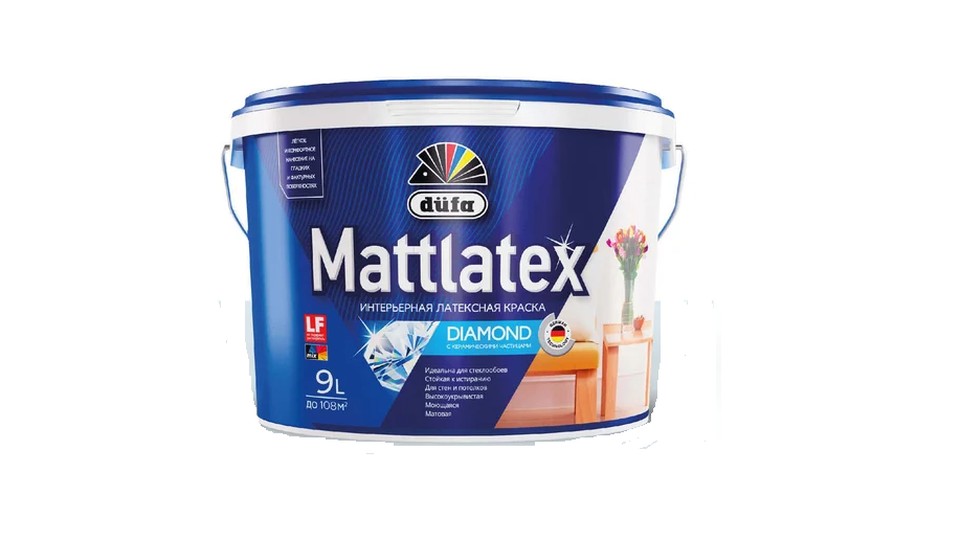 Ներկ խոնավ տարածքների պատերի և առաստաղների համար լատեքսային Dufa Mattlatex RD100 փայլատ սպիտակ 9 լ